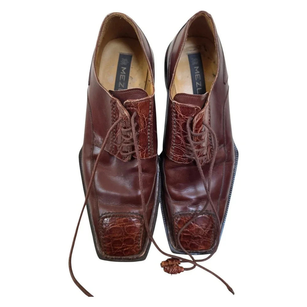 Mezlan Crocodile Brown Leatger Preppy Old Money Maximalist Square Toe Shoes sz8